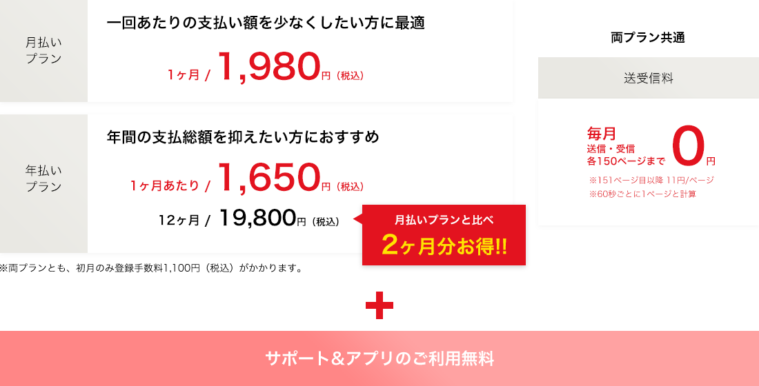 月払いプラン 一回あたりの支払い額を少なくしたい方に最適 1ヶ月/1,980円(税込) 年払いプラン 年間の支払総額を抑えたい方におすすめ 1ヶ月あたり/1,650円(税込) 12ヶ月/19,800円(税込) 月払いプランと比べ2ヶ月分お得!! ※両プランとも、初月のみ登録手数料1,100円(税込)がかかります。 両プラン共通 送受信料 毎月 送信・受信各150ページまで0円 ※151ページ目以降 11円/ページ ※60秒ごとに1ページと計算+サポート&アプリのご利用無料